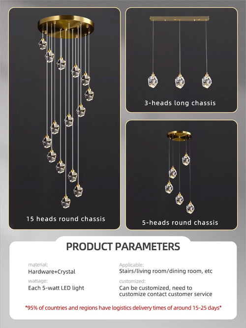lustre moderne haut en cristal pour éclairage raffiné