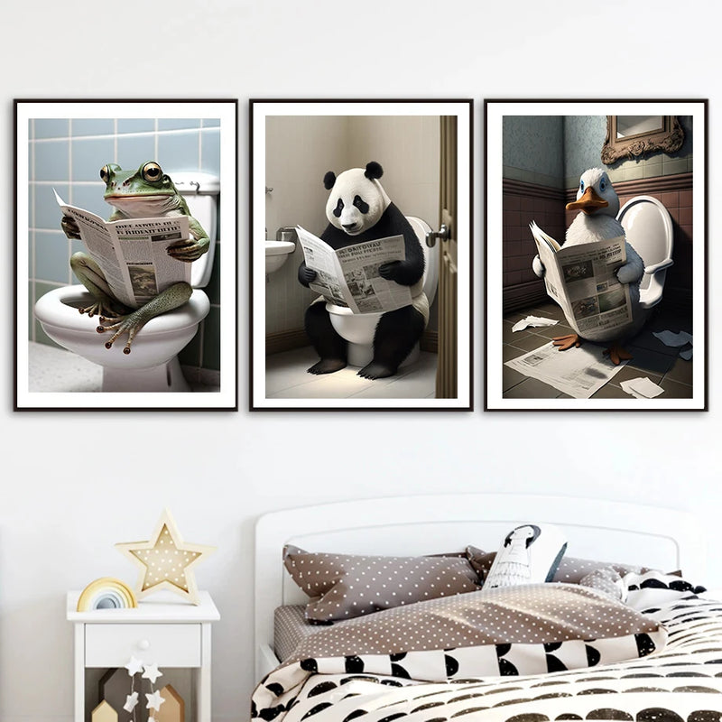 décoration murale humoristique animaux sur toilettes avec journal