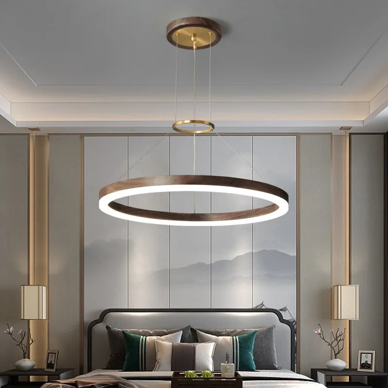 lustre Bois massif Led moderne noyer noir décoration maison - vue 3 sur 9