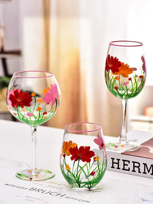 verres a vin motif floral artisanal lot trois