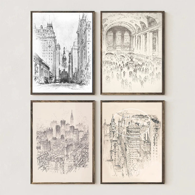 gratte-ciel vintage new york city dessin toile décor mural