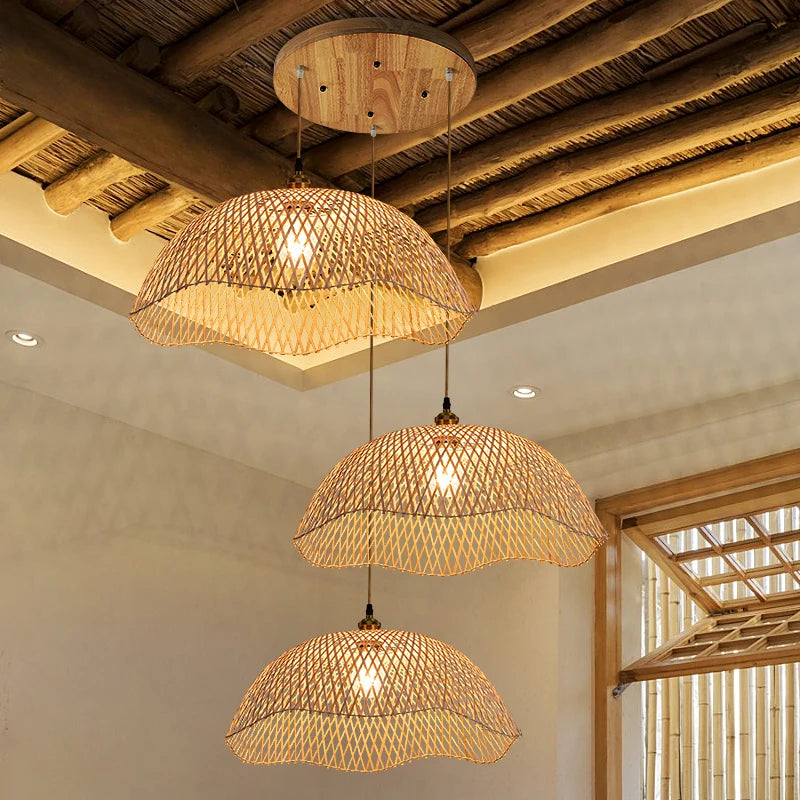 Rétro bambou tissage osier rotin suspension lumières à la main bambou lampe Restaurant salon chambre décor suspension