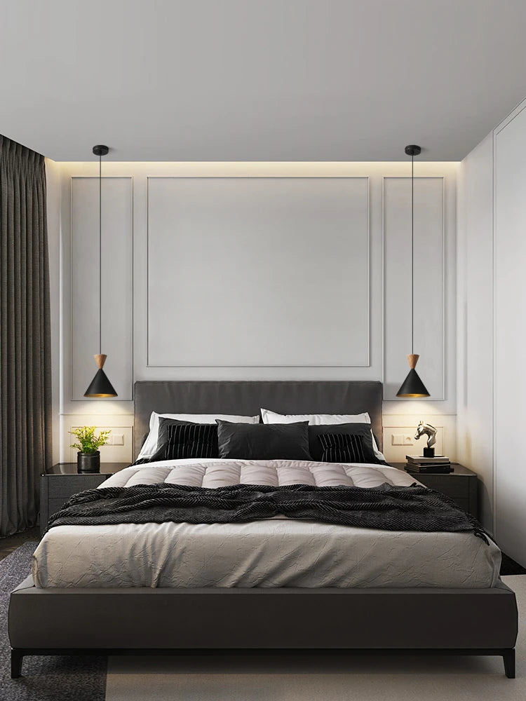 Modern and Minimalist Master Bedroom Bedside Pendant Light, Personalized and Luxurious All Copper Walnut Bar Hanging Line Light - vue 3 sur 10