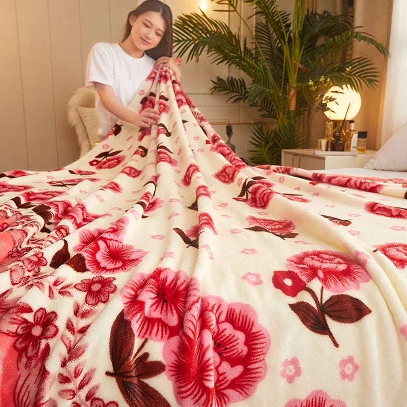 Plaid polaire motifs floraux et carreaux style doux