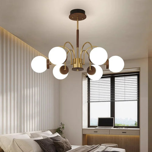 Walnut Wood chandelier lights, Wabi-sabi Modern style, Living Room lighting for Bedroom, Bedside, Living, Dining Room, Showcase - vue 5 sur 9