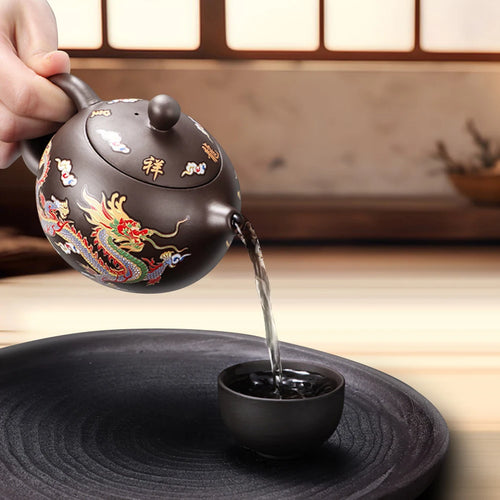 Théière gongfu argile motifs dragons phénix artisanale