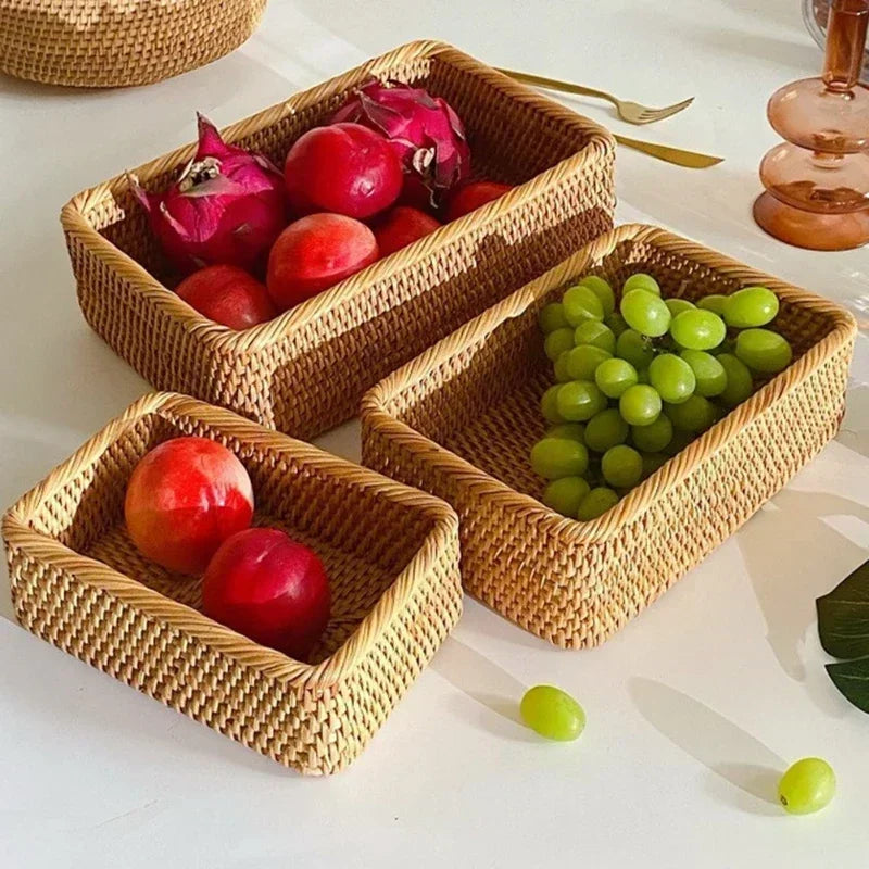 panier en rotin rectangulaire tissé à la main pour rangement et pique-nique - vue 3 sur 15