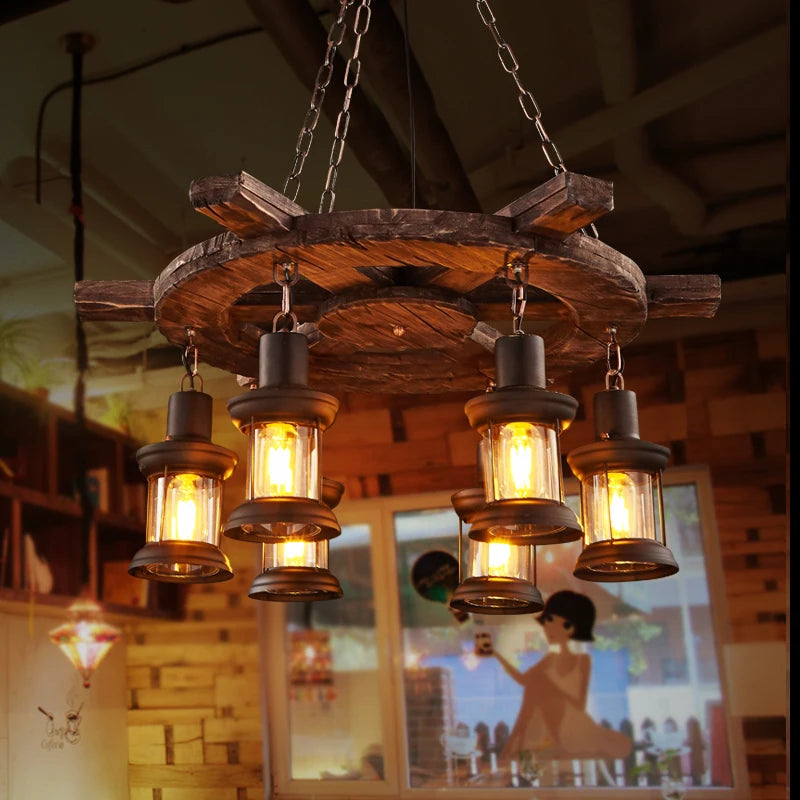 Lustre rétro en bois massif pour salle à manger Bar LOFT bois diverses formes Suspension décor intérieur Luminaire