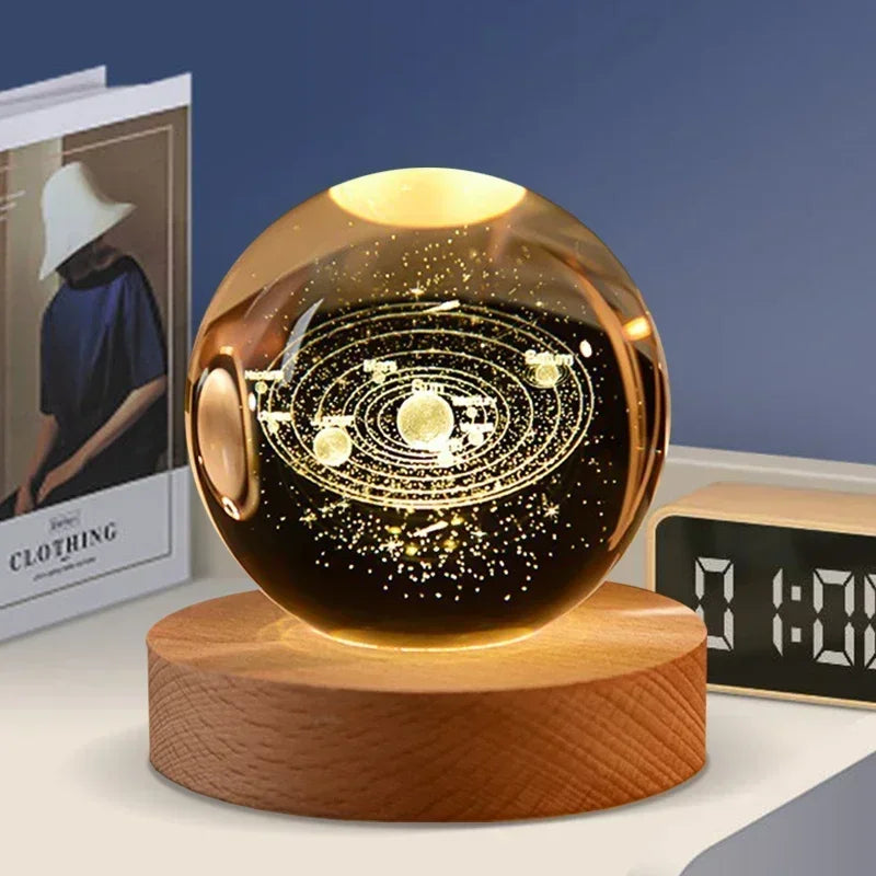 veilleuse 3D en cristal système solaire cadeau décoratif en bois - vue 9 sur 16