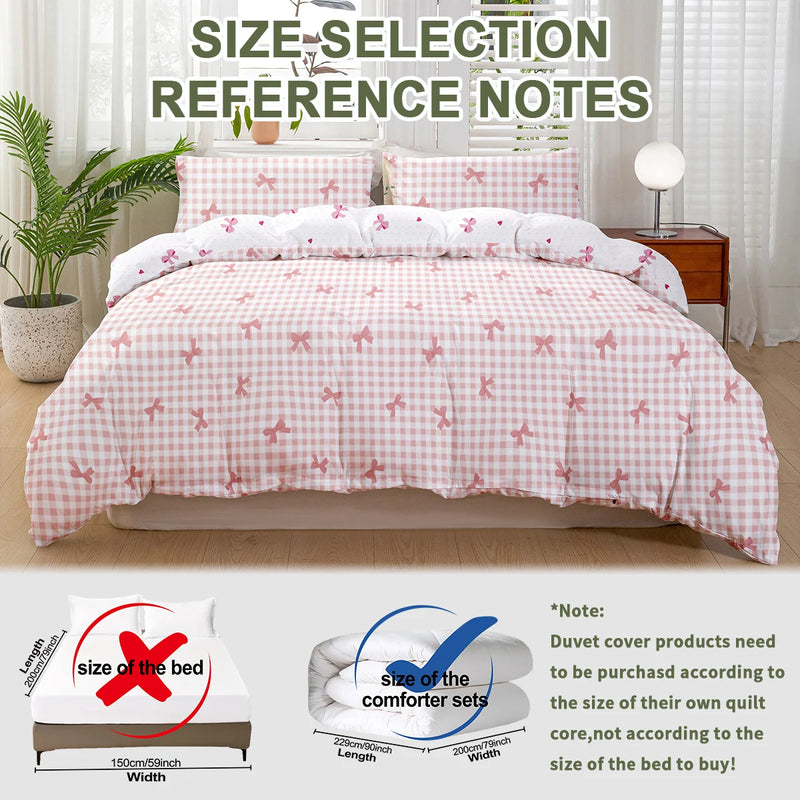 housse de couette à carreaux avec nœud papillon et 2 taies d'oreiller