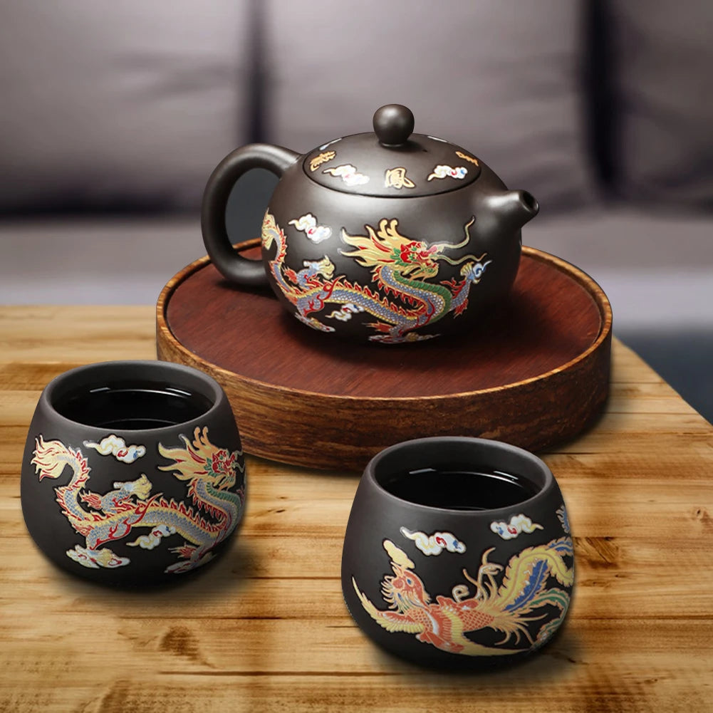 Theiere argile dragons phénix gongfu fait main