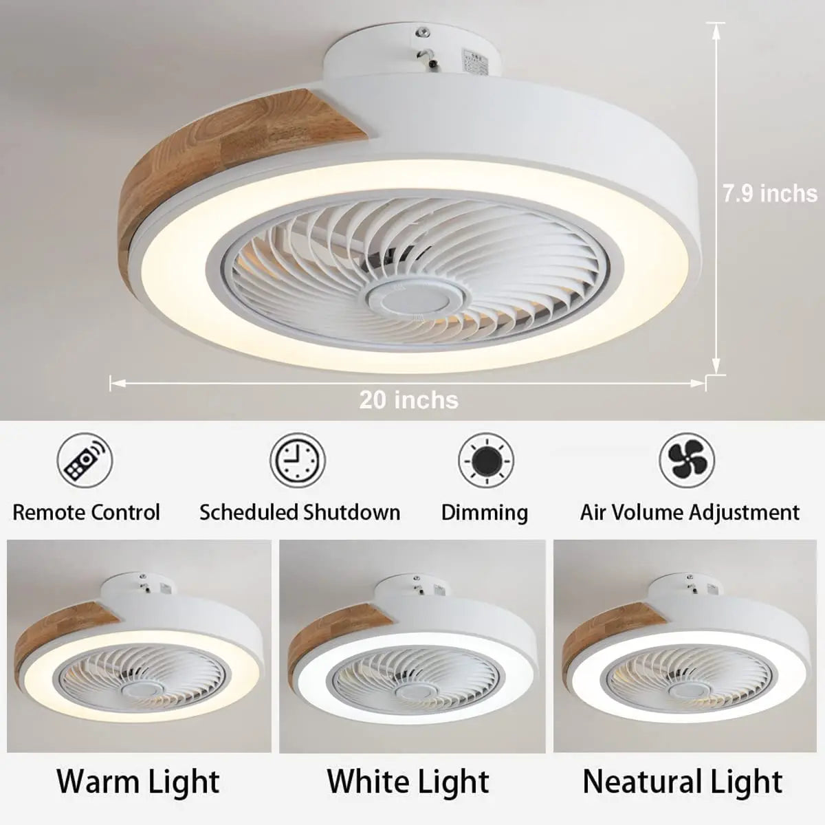 plafonnier en bois avec télécommande et lumière led variable 3 couleurs - vue 6 sur 12