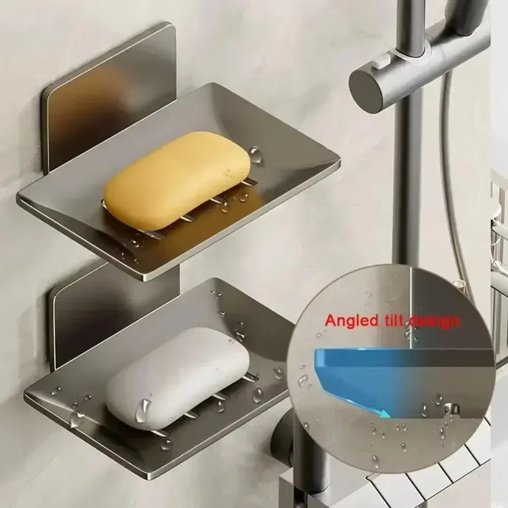 porte-savon autocollant en acier inoxydable avec drain pour douche et cuisine - vue 4 sur 9