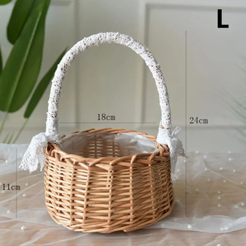 panier en rotin naturel tissé à la main pour mariage décoratif avec dentelle - vue 6 sur 7
