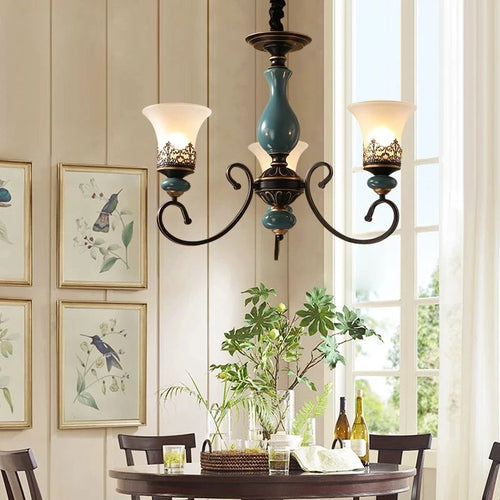lustre rétro européen en céramique avec abat-jour en verre - vue 7 sur 21
