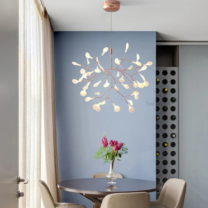 2024 Nordic Hanging Living Room Chandelier Large Modern Kitchen Firefly Lamp Rose Gold Black Branch Round Chandelier Lighting - vue 5 sur 9