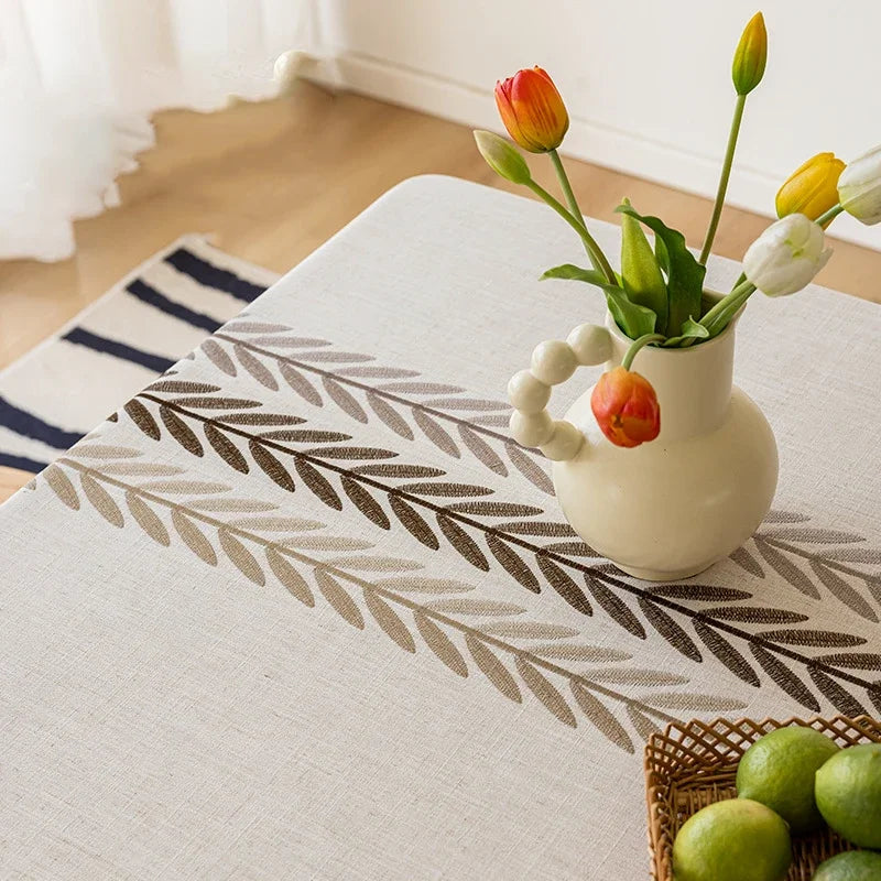 Nappe rustique brodée motifs feuilles de café