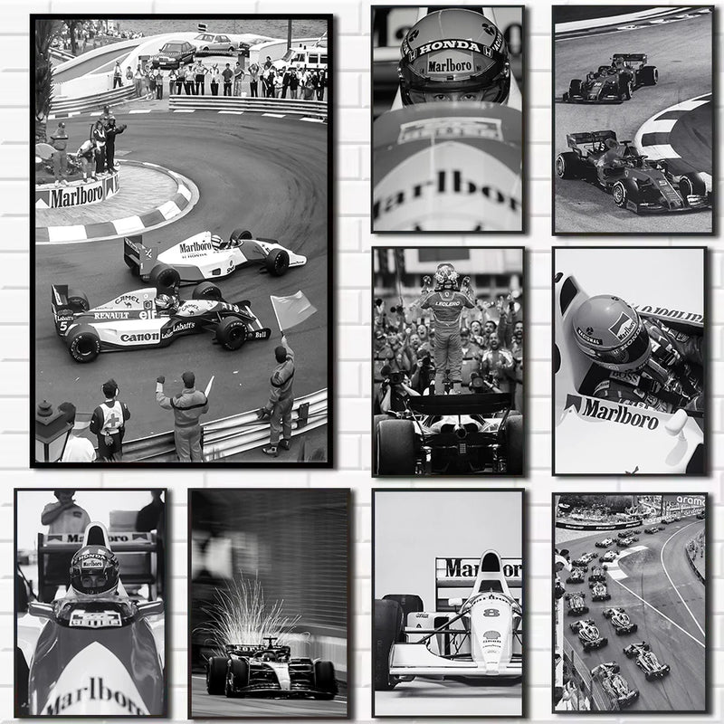 affiche vintage de voitures de sport en noir et blanc