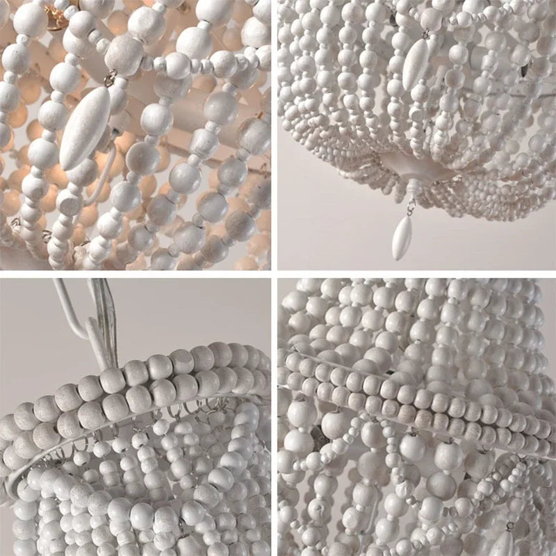 French Style Retro Pendant Lights For Living Room  Bedroom Children'S Room Princess White Wood Bead Decorative Indoor Lighting - vue 4 sur 9