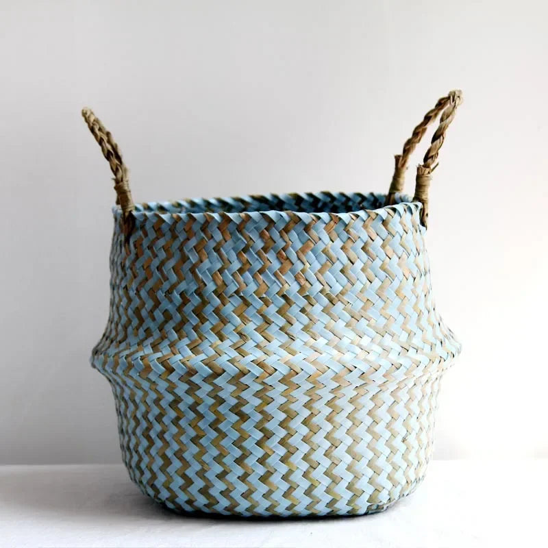 panier de rangement en osier pliable fait main patchwork seagrass - vue 9 sur 9