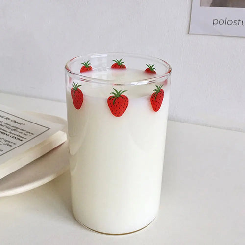 Gobelet verre paille motif fraise resistant chaleur 300ml