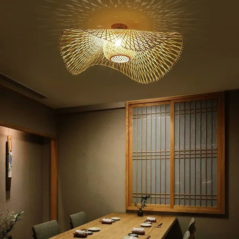 Suspension en bambou de style japonais lampe de plafond créative pour salle à manger lustre de restaurant E27 Luminaire à Suspension