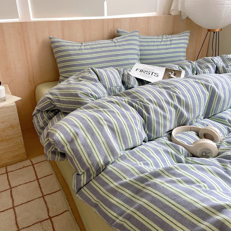 housse de couette rayée rose en coton pour chambre fille