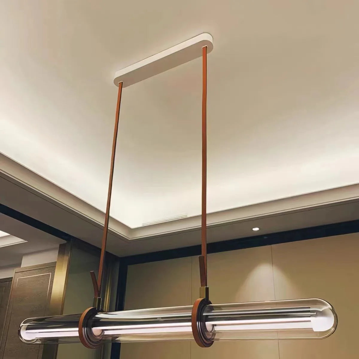 lustre long design moderne led luxe cuir verre lampara - vue 5 sur 7