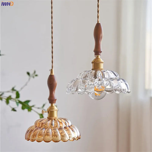 lampe à main poignée en bois cuivre suspension LED luminaires abat-jour en verre décor à la maison éclairage intérieur Vintage lampe suspendue