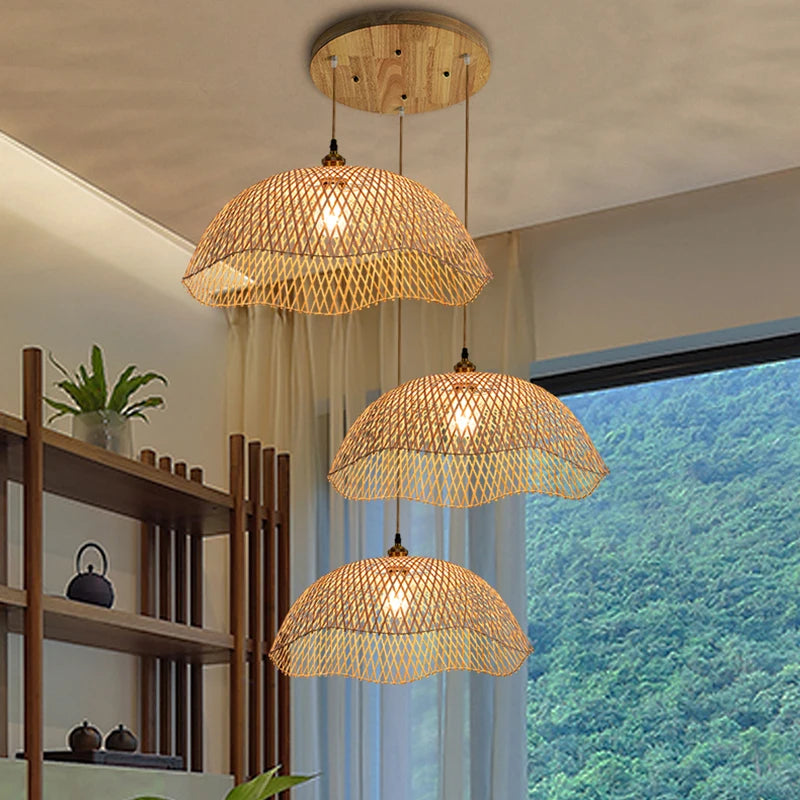 Rétro bambou tissage osier rotin suspension lumières à la main bambou lampe Restaurant salon chambre décor suspension
