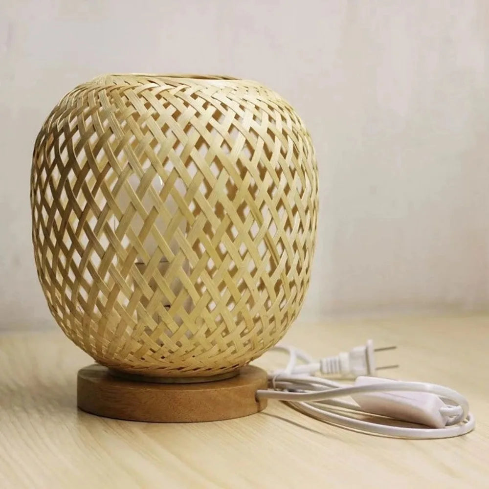 lampe bureau rotin bambou vintage bois décorative - vue 3 sur 7