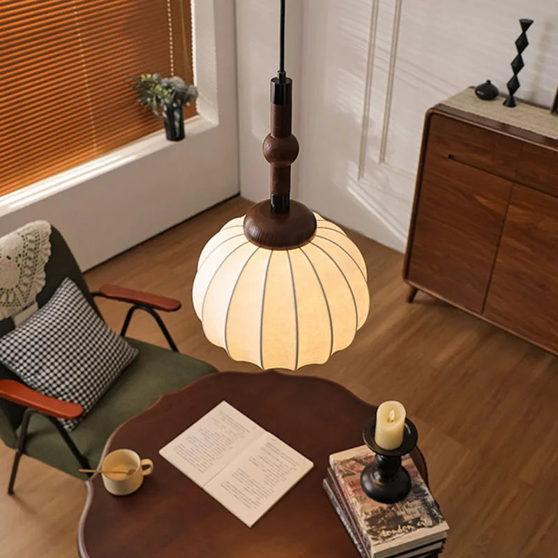 lustre en soie et bois pour éclairage intérieur moderne - vue 4 sur 7