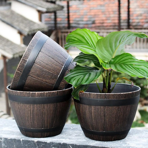 grand pot de fleurs tonneau en résine résistant pour intérieur extérieur - vue 6 sur 6