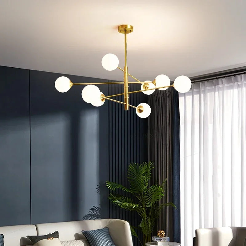 lustre led moderne en cuivre avec boule de verre mat - vue 5 sur 12