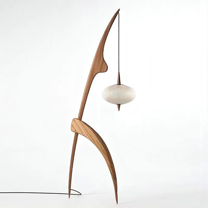 lampadaire design en bois noyer avec lampe suspendue