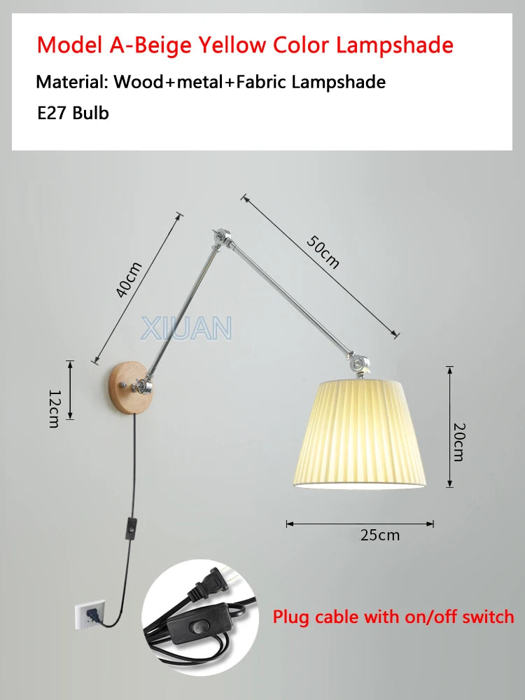 Nordic Shiftable Rocker Arm Wall Lamps Fabric Lampshade Dining Table Wall Light for Bedside Study Reading Lighting ON/OFF Switch - vue 13 sur 14