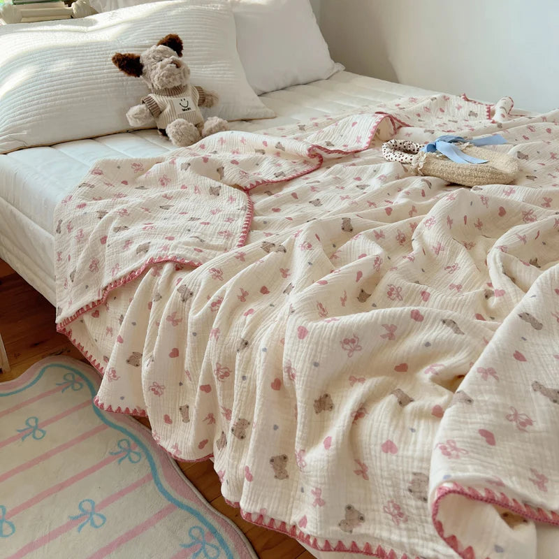 Couverture coton crepe ete motif enfants carreaux