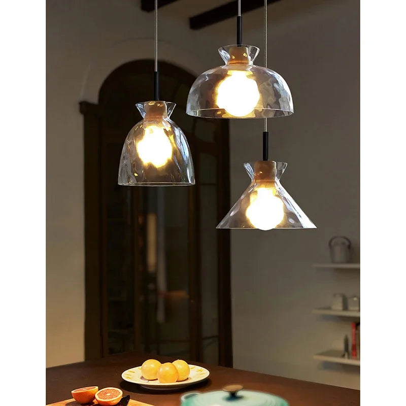 Lamp Mini Pendant Lighting With Handblown Clear Hammered Glass Shade, Adjustable Cord Ceiling Light Fixture For Kitchen Island - vue 4 sur 9