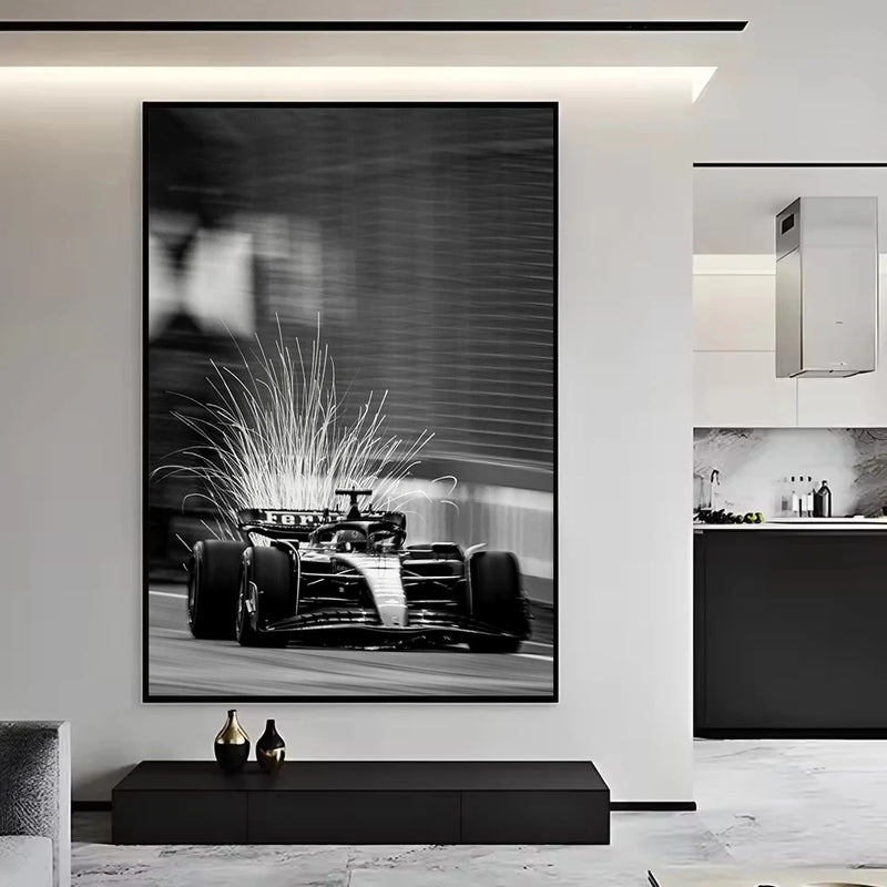 affiche vintage de voitures de sport en noir et blanc