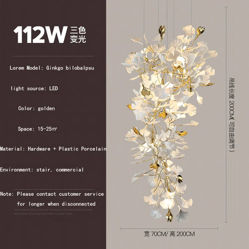 Ginkgo feuille cage d'escalier long lustre lumière atmosphérique villa de luxe duplex bâtiment loft hall d'hôtel lampes d'art créatives - vue 10 sur 20