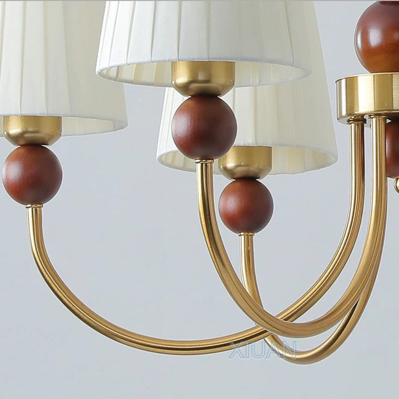 lustre led vintage américain en tissu plissé et bois wabi-sabi - vue 6 sur 12