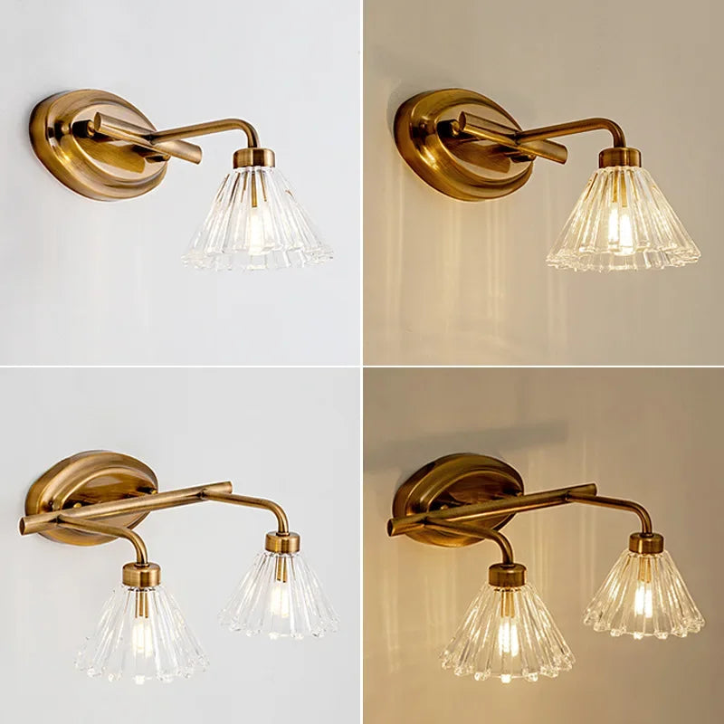 Vintage applique murale LED lumière Bronze clair abat-jour applique salle de bain lampe 2 têtes 4 têtes pour miroir couvercle en verre lumière intérieure