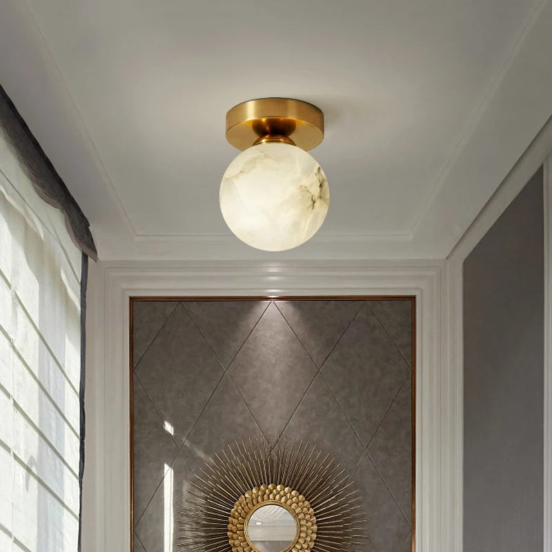Plafonnier Boule de marbre lumière d'entrée Led luxe en laiton doré petit carré toilettes chambre balcon allée Luminaire