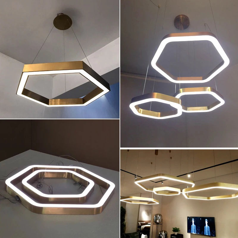 Hexagone Design Led Lustre Moderne De Luxe En Acier Inoxydable Lampe Salon Suspension Luminaire Décor À La Maison Escalier Plafond Lustre