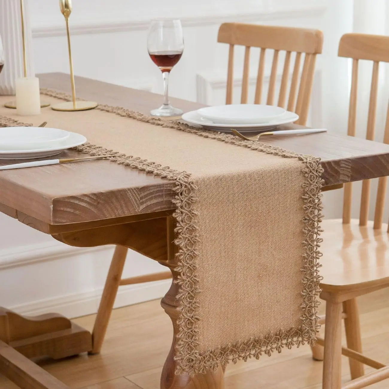 Chemin de table macramé rustique beige style bohème - vue 4 sur 7