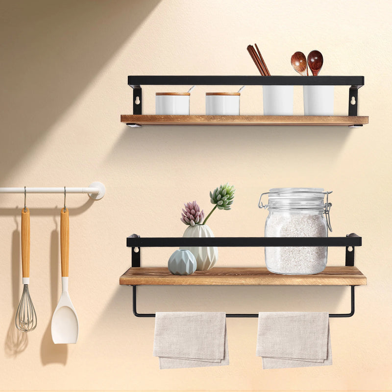 Étagère Salle De Bain Industrielle - Tube Acier & Planche Bois - Avec Barre Porte-Serviettes - Noir Mat