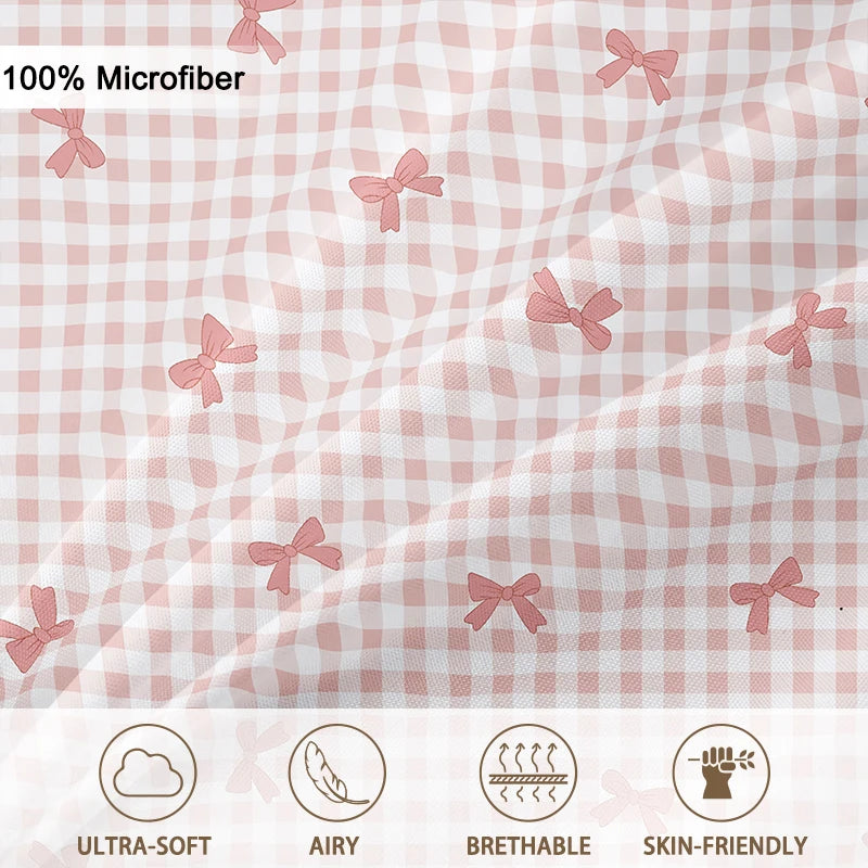 housse de couette à carreaux avec nœud papillon et 2 taies d'oreiller