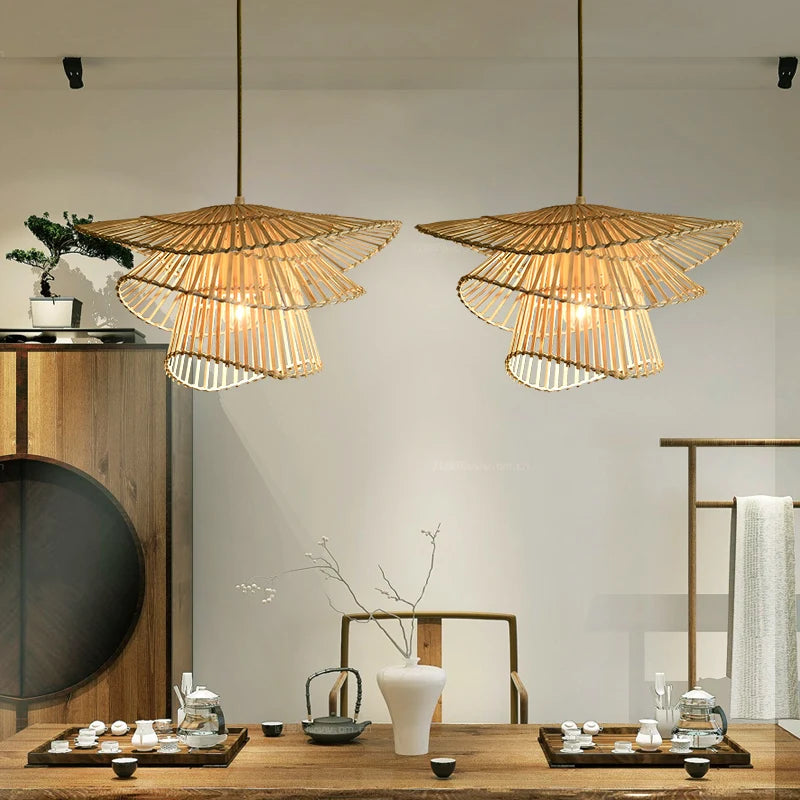 lustre led en bambou rotin créatif pour décoration maison - vue 5 sur 9