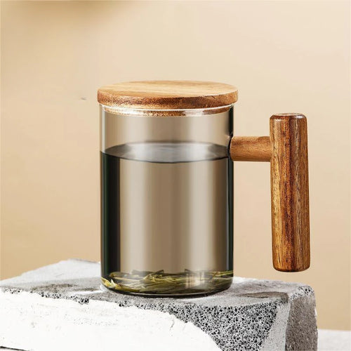 tasse en verre borosilicate avec poignée en bois et couvercle - vue 7 sur 8