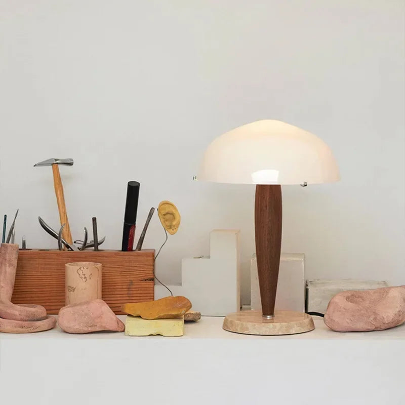Denmark&Traraditino Herman SHY3 Walnut Wood Desk Lamp Table Light Marble Base Glass Shade - vue 4 sur 7